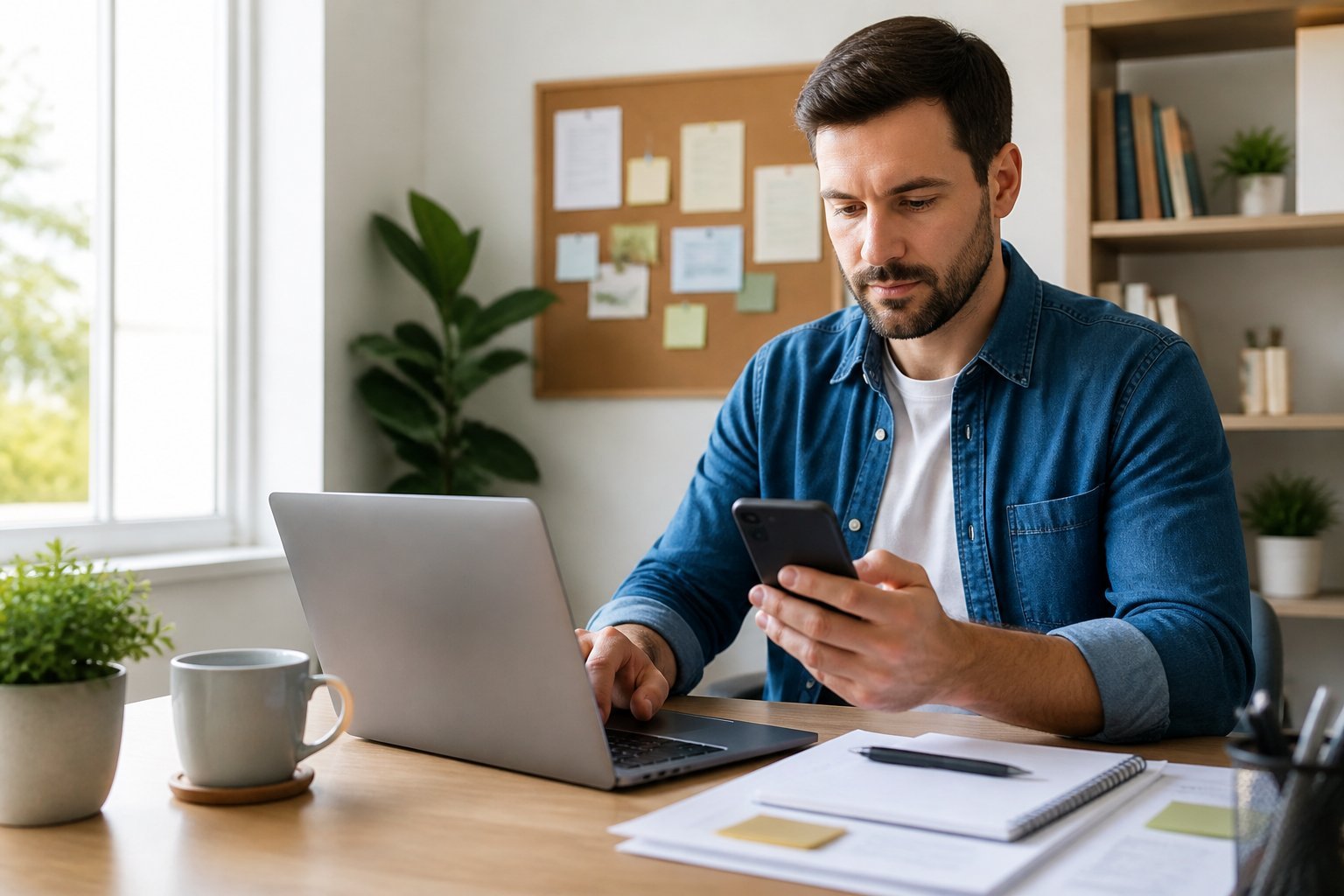 A person working at a desk with a laptop and smartphone, preparing local classified ads in a bright home office.