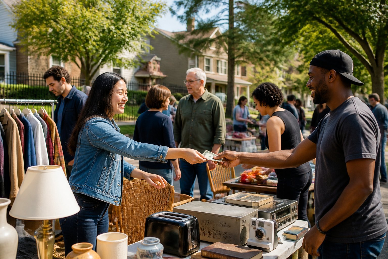 People buying and selling used items at a local outdoor marketplace with tables displaying various secondhand goods.