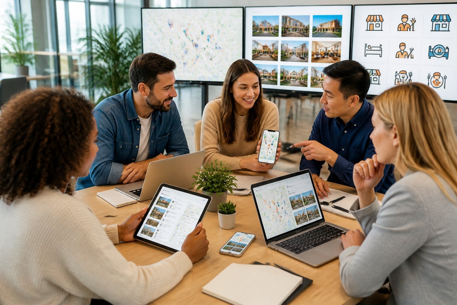 A group of business professionals collaborating around a table with laptops and devices showing digital maps and business profiles in a bright office.