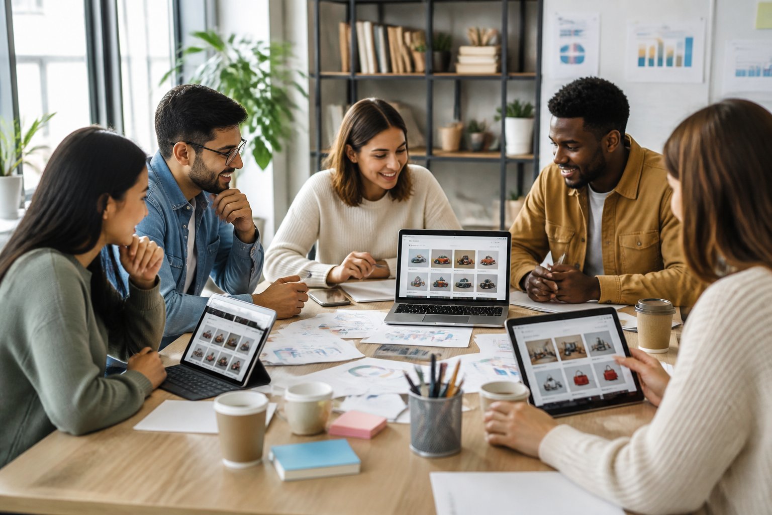 A group of people working together around a table with laptops and tablets showing classified ads websites in a bright office.