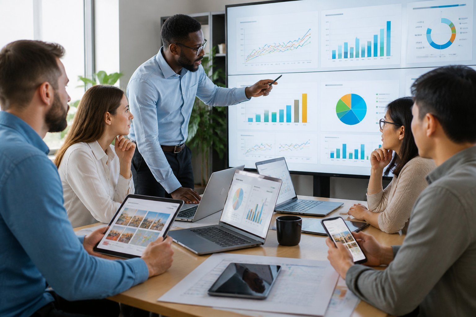 A group of professionals in an office discussing data on screens showing website comparisons.