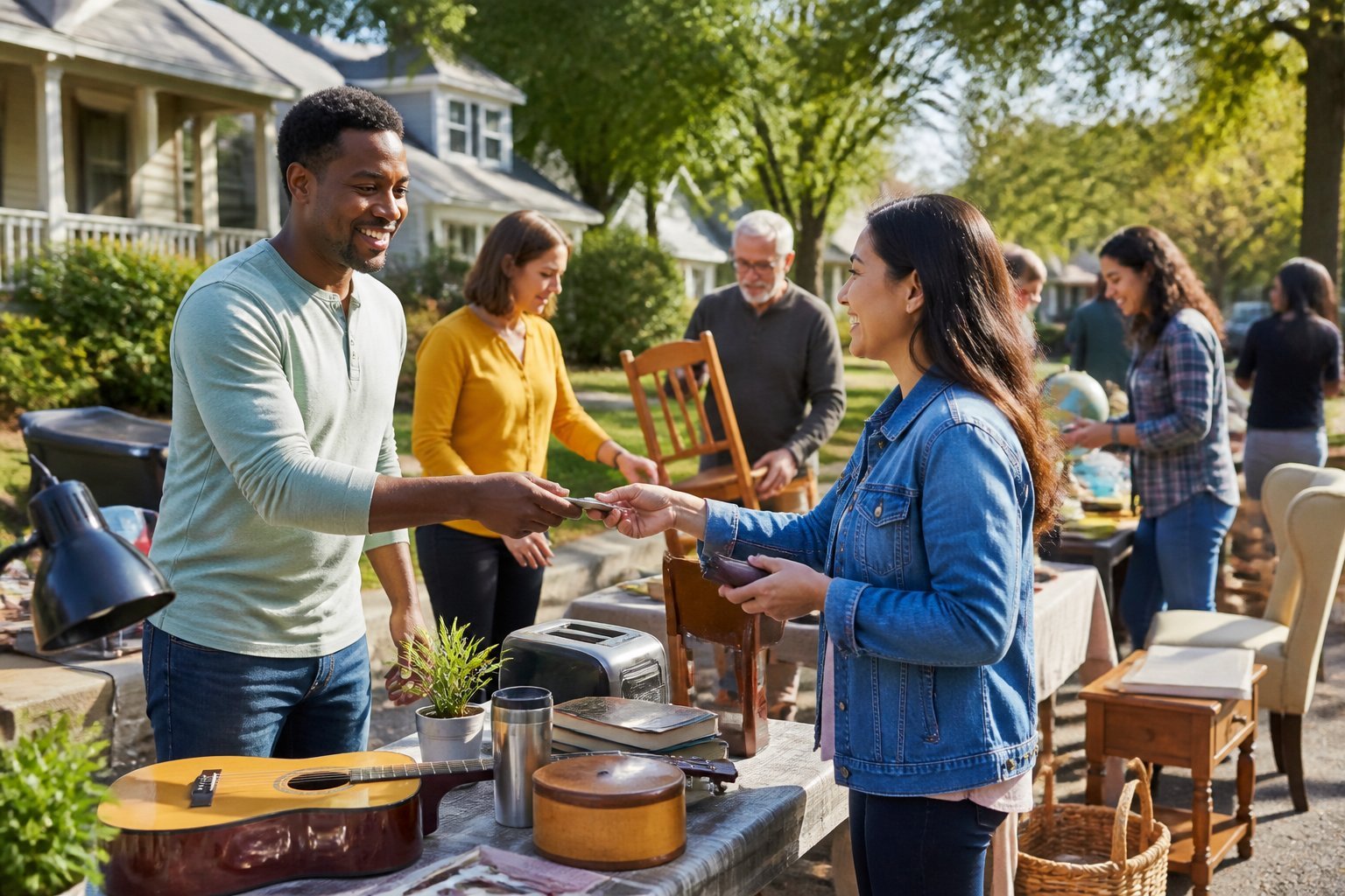 People exchanging goods and money in a friendly outdoor local marketplace with various items displayed on tables.