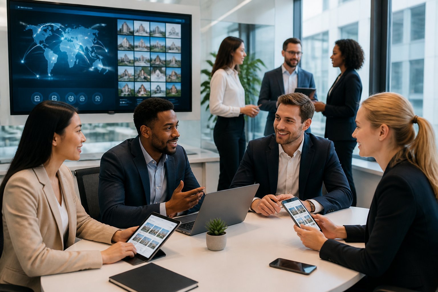 Business professionals collaborating around a conference table with digital devices showing business listings in a modern office.