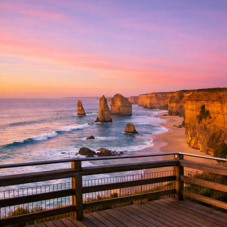 Sunrise at the Twelve Apostles on the Great Ocean Road with golden light on limestone stacks